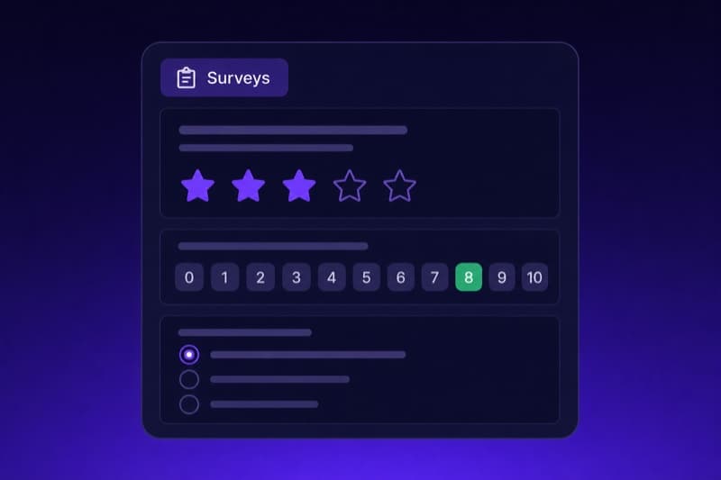 Surveys dashboard with NPS trends and AI-analyzed feedback themes